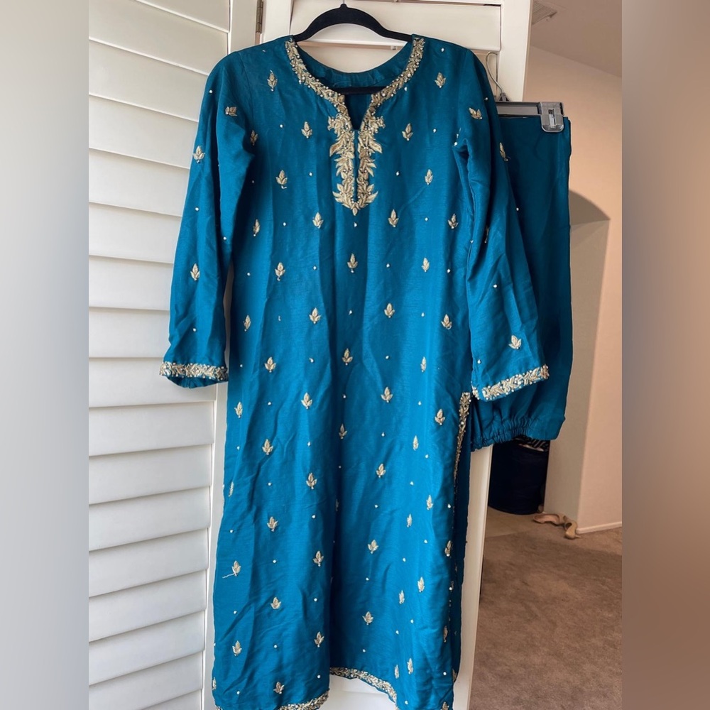 Pakistani Embroidered peacock green color dress